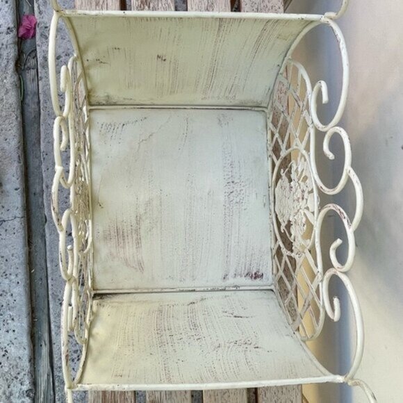 Vintage Ornate French Country Style Distressed Metal Basket w/ Lattice & Handels - Picture 2 of 10
